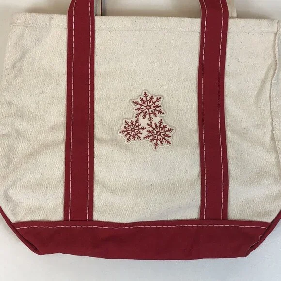 LL Bean Boat & Tote Canvas Red Double Handle Snowflake Small Bag Made in USA - Picture 2 of 13
